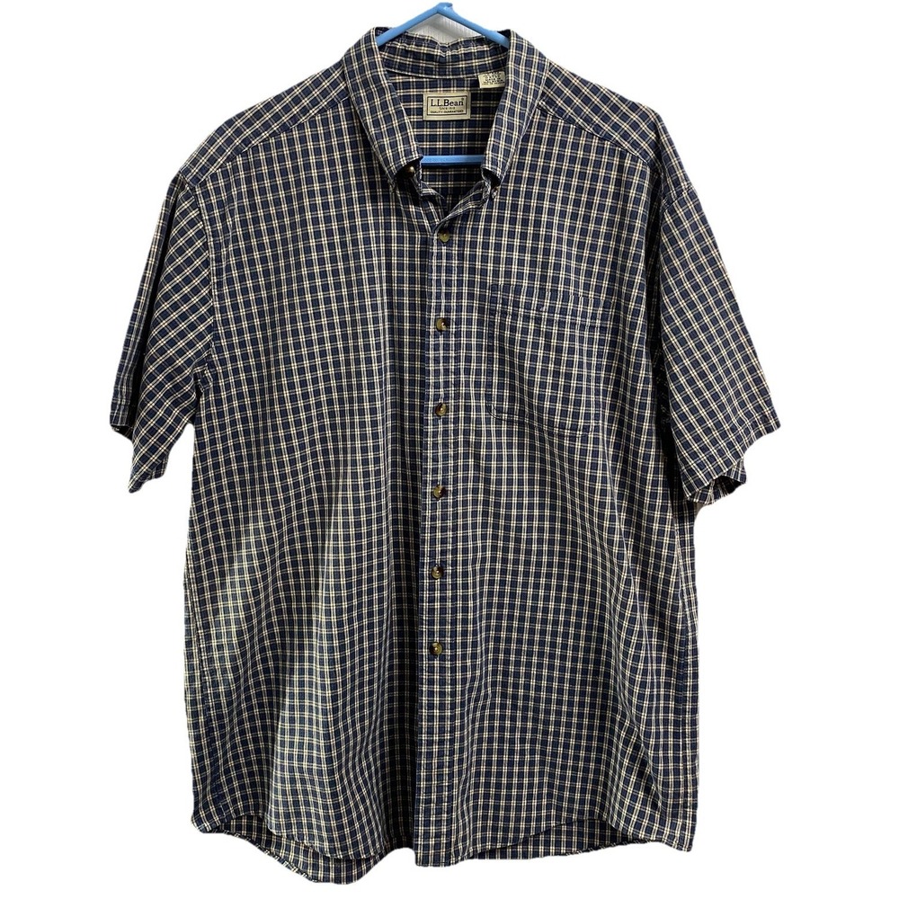 LL Bean Mens Navy&Ivory Plaid Button Down Dress Work Shirt Short Sleeve Sz. L